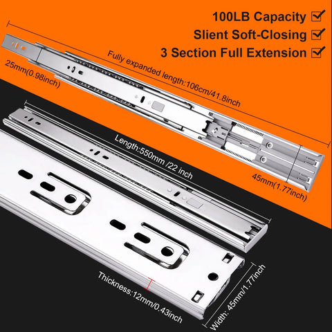 Heavy Duty 22 Inch Drawer Slides 4 Pair Soft Close Full Extension Side Mount Cabinet Rails Silver Finish with dimensions