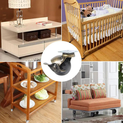 Top Shelf 4 Pack Heavy Duty Furniture Caster Wheels In Antique Brass With 360 Degree Swivel Tops, shown with furniture.