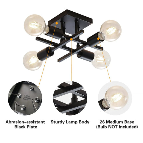 2 Pack Industrial 4 Light Semi Flush Mount Ceiling Light Fixtures Black Modern Farmhouse Sputnik Style with E26 Base