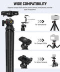 Compatibility features of Mini Flexible Phone Tripod With Remote For iPhone and cameras, showing smartphone, DSLR, and action camera use.