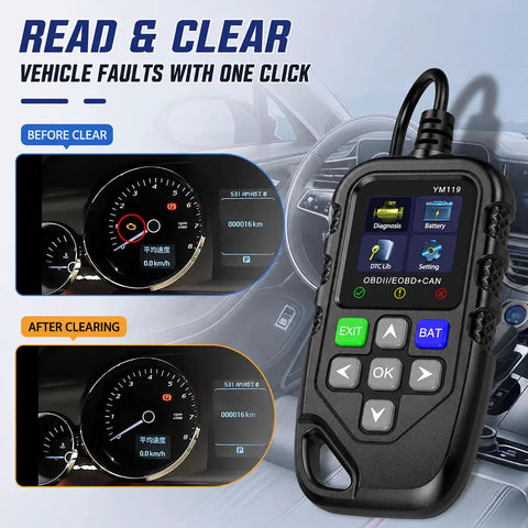 Top Tier OBD2 Scanner And Code Reader Wired For Chevrolet Equinox And Equinox EV Models showing dashboard diagnostics before and after clearing.