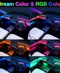 Acrylic Interior Car Led Lighting Kit With Remote And Wireless App 6 In 1 Ambient Lighting System Fiber Optic Strip LEDs 16 Million Colors Music Sync DIY Modes Easy Install For Dash Doors And Cabin Lit Vibe shown in various color modes inside a car.