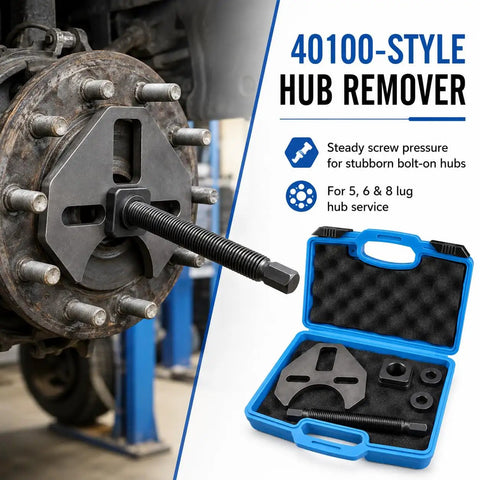 Shop Grade Wheel Bearing Hub Removal Tool And Puller For 5 6 8 Lug Setups With Heavy Duty Forcing Screw in use on vehicle wheel.