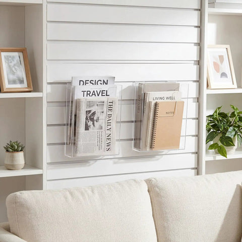 Two Pack Slatwall Magazine Display Pockets Clear Acrylic Literature Holders 8.5 W X 11 H X 2.5 D on wall with magazines and books