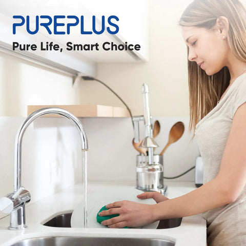 Woman washing dish in kitchen with faucet showing use of Under Sink Water Filter Replacement For WFS5300A Ultra High Capacity system