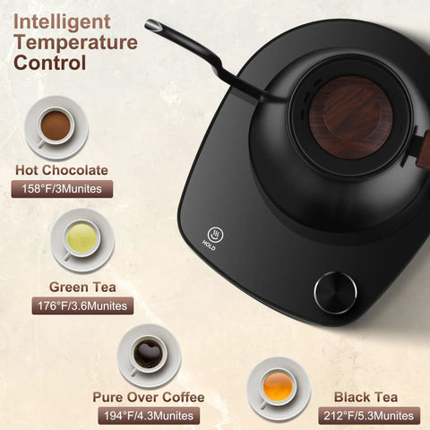Gooseneck Electric Kettle With Smart Temperature Control, 0.9L Stainless Steel Interior, top view highlighting temperature settings.
