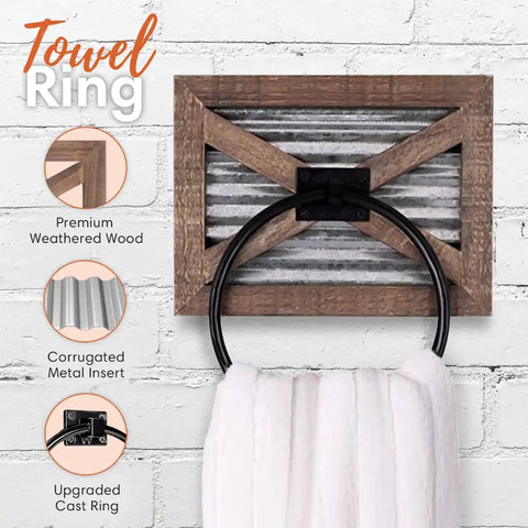 Rustic Farmhouse Towel Holder For Bathroom Wall Mounted Rack With Galvanized Metal Ring Western Themed Hand Towel Holder