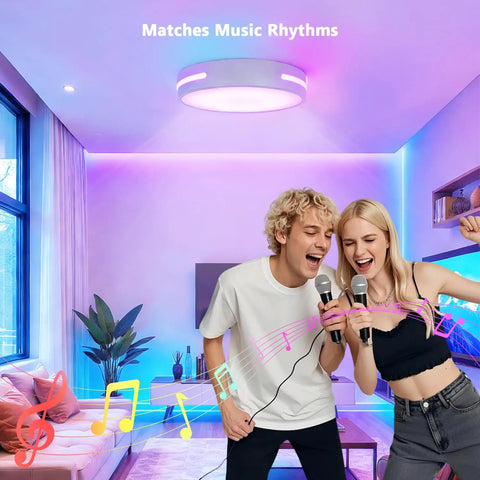 Two people singing with a colorful LED ceiling light, showcasing music-synchronized lighting in a modern living room.