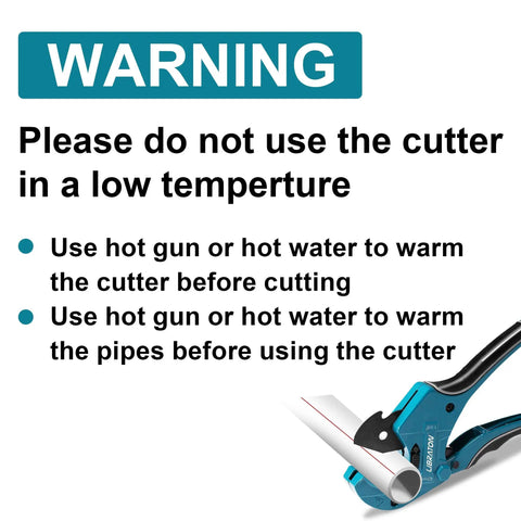 Warning sign for One And Five Eighths Inch Ratcheting PVC Cutter With Replacement Blade For PVC ABS PEX PPR Plastic Pipes.