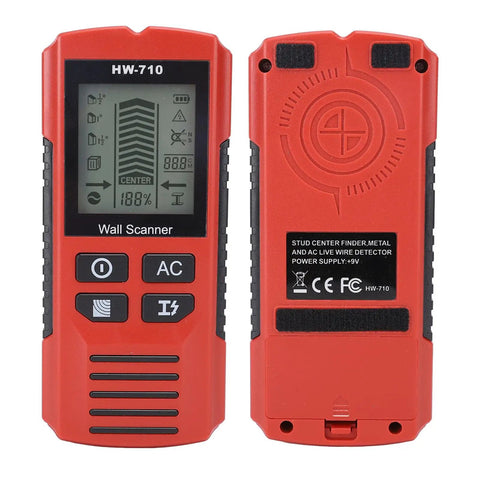 7 in 1 Wall Scanner Stud Finder, Metal Wood AC Wire Detector displaying front and back view with digital screen and buttons.