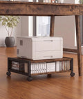 Straight Up Slick 2 Tier Printer Stand Under Desk With Easy Glide Wheels And Open Lower Shelf For A4 Paper Storage Brown Desktop Organizer in an office setting.