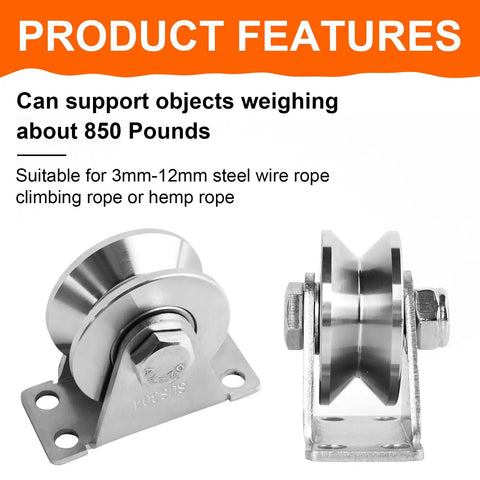 Top Shelf 304 Stainless Steel V Groove Pulley Wheels Two Pack showing robust design, supports 850 pounds, ideal for smooth gate glide.