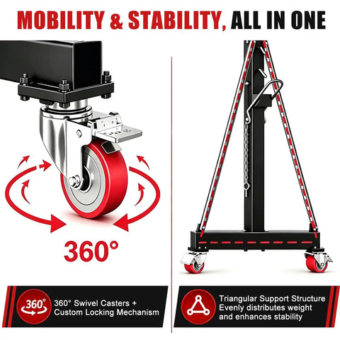 Bulletproof 3 Ton Gantry Crane Featuring Adjustable Height Reinforced Triangular Base Portable Alloy Steel Shop Hoist Workhorse For Mechanics And Workshop Sites with 360° swivel casters and locking mechanism.