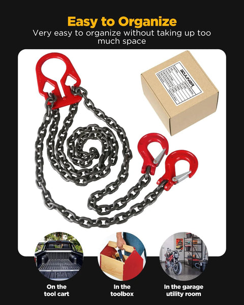 Heavy-duty lifting chain with red adjustable hooks, 3/8 in x 10 ft, dual-leg sling; box in background