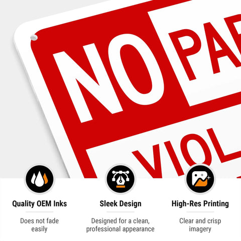 No Parking Violator Will Be Towed Sign Built Tough From Premium Aluminum For Indoor Outdoor Use With Rust Free Construction And High Visibility To Stop Unwanted Parking In Any Lot Garage Or Driveway. close-up of red and white no parking sign with hanging holes