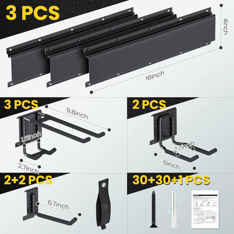 Rock Solid 48 Inch Wall Mount Tool Storage Rack Featuring Adjustable Rails And Beefy Double Layer Hooks For Heavy Duty Garage Organization No Sweat Setup And Broom Holder parts diagram with dimensions.
