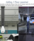 Heavy Duty Outdoor EV Charger Stand With J Hook Pedestal For Floor Or Ceiling Setup Galvanized Steel Column Holder in gray, mounted on ceiling.