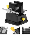 Mini Table Vise With Suction Base For Desktop Crafting And Jewelry Making Small Portable Press Clamp For Carving And Micro Sculpture Durable High Density Metal Workholding Fixture With Precise Adjustable Screw, shown in black with yellow accents and close-up of screw mechanism.
