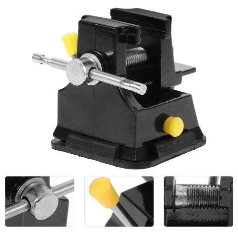 Mini Table Vise With Suction Base For Desktop Crafting And Jewelry Making Small Portable Press Clamp For Carving And Micro Sculpture Durable High Density Metal Workholding Fixture With Precise Adjustable Screw, shown in black with yellow accents and close-up of screw mechanism.