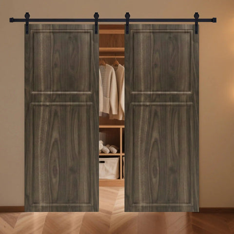 Heavy Duty Two Panel Sliding Barn Door With Full Track Hardware Kit For Interior Closets And Room Dividers, wood finish, dual panel design.