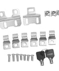 Heavy Duty ABS Motorcycle Side Toolbox Featuring Rugged Stainless Steel Brackets accessories including screws and keys for secure installation.