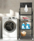 Heavy Duty 4 Tier Wire Shelving Storage Rack With Tough As Nails Metal Shelves And Raised Edge Baffles holding laundry supplies next to a washing machine.