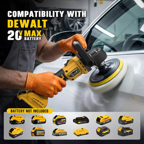 7 Inch Cordless Rotary Buffer Polisher Kit For Auto Detailing Car Waxing And Paint Correction Compatible With Pro Power Tool Batteries in use on car surface.