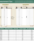Measurement tips for Modern White Bifold Barn Door 42X84 Inches installation with track length and door sizes.