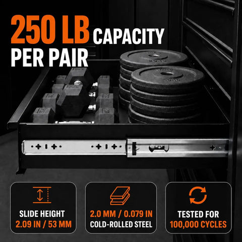 30 Inch Heavy Duty Side Mount Drawer Slides With 250 Lb Load Rating And Full Extension Pullout Rails For Pantries Garages And Rvs showing weights in drawer.
