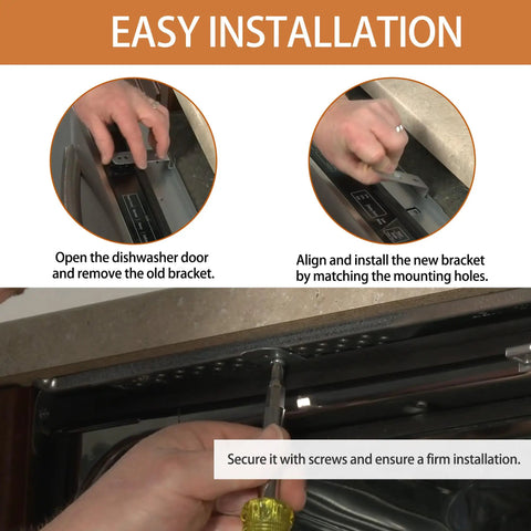 Keep Your Kitchen Rock Solid With Heavy Duty Dishwasher Mounting Bracket Kit Featuring Premium Stainless Steel Hardware Samsung Compatible Anti Vibration Stabilizer And Flush Screw Set For Easy Quick Install installation steps showing old bracket removal and new bracket alignment.