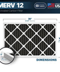 16x25x1 MERV 12 Odor Defense Air Filter with Activated Carbon, USA-made, highlighting actual dimensions and pleated design