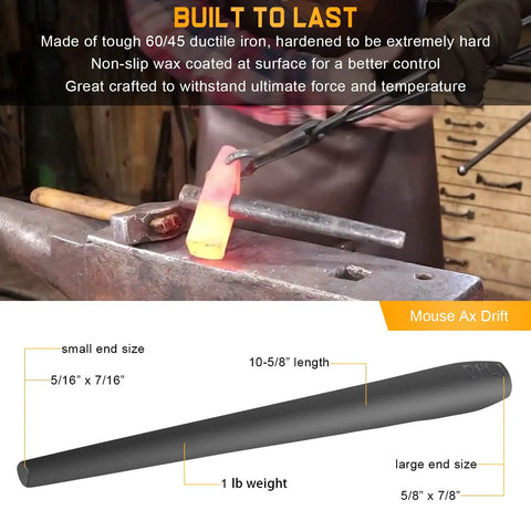 Three Piece Blacksmith Drift Tool Kit showing ductile iron drift tool with dimensions for eye hole shaping in metalworking.