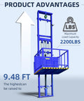Heavy Duty Wall Mounted Freight Elevator System Featuring 2200 Lb Load Rating And Hydraulic Dumbwaiter Platform showing blue frame and 9.48 ft height.