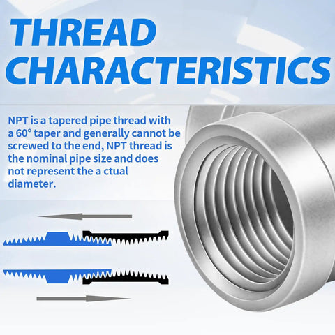 Thread characteristics of 304 Stainless Steel Four Way Cross Pipe Fitting With Three Eighths Inch NPT Female Threads High Flow Leak Resistant Heavy Duty Connector