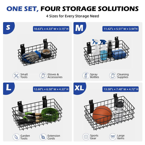 Badass Heavy Duty Wall Basket Set Compatible With Gladiator Geartrack And Gearwall For Garage Kitchen Closet And Laundry Storage Organizer Four Pack Setup, Four sizes for various storage solutions.