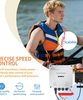 Built Different 12V 24V 50A PWM DC Motor Speed Controller showing man in a kayak using throttle and speed control.