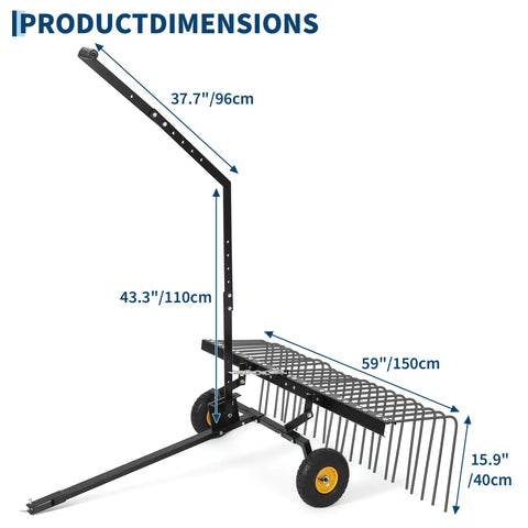 Side view of 60 Inch Tow Behind Dethatcher With 24 Spring Steel Tines For ATV Or Mower dimensions labeled in centimeters.