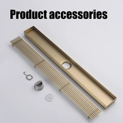 Rectangular Shower Drain with Hair Strainer and Stainless Steel Grate for Bathroom Floor accessories including grate and trap.