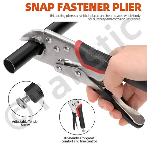 Snap fastener pliers clamping a pipe, showing adjustable tension screw and red slip handles for comfort, part of 56 Pieces Nylon Hose Clamps Set