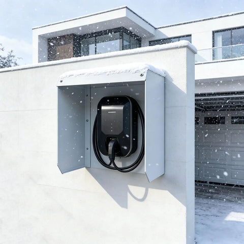 Heavy Duty Built Like A Tank EV Charger Weatherproof Cover Featuring Tight Magnetic Flip Lid And Tinted Canopy in snow