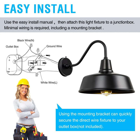 Gooseneck Barn Outdoor Light Exterior Wall Sconce For Farmhouse Front Door Porch Garage And Patio, Dusk To Dawn Sensor, Easy Install Diagram