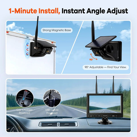Dual Wireless Backup Camera System With 10.1 Inch HD Monitor And Tough As Nails Magnetic Solar Panels For Rv Camper Trailer Hauling viewing angle adjustment and easy install features.