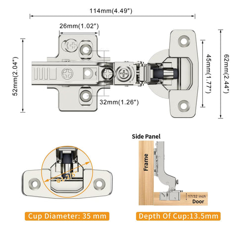 Chibery satin-nickel frameless inset soft-close concealed European cabinet hinge (front view; 114 mm long, 35 mm cup).