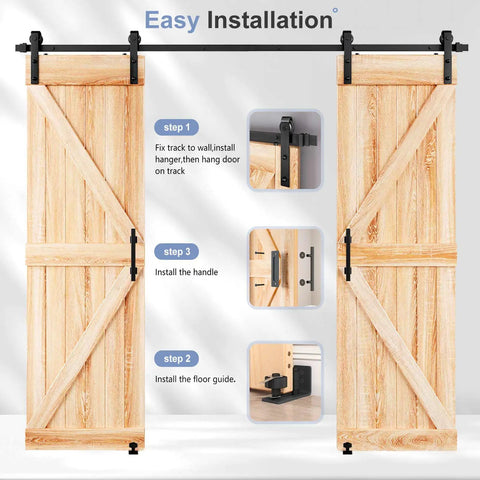 Heavy Duty 8 Foot Double Sliding Barn Door Track And Handle Kit Gliding Smooth As Butter With Precision Ball Bearings And Rugged Black Coating For A Total No Sweat Install with installation steps for wooden doors.