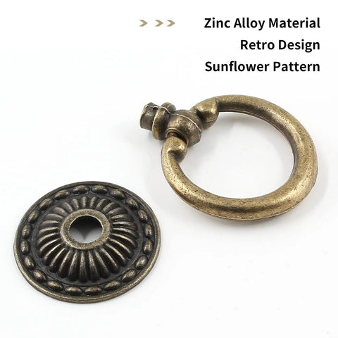 Legit Vintage Bronze Drop Ring Cabinet Knobs With Mounting Screws Solid Zinc Alloy Furniture Drawer Pulls For Dresser And Cupboards Smooth Glide No Fuss Heavy Duty Hardware Six Piece Set with sunflower pattern.