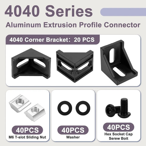 4040 Aluminum Extrusion Corner Connector Kit with 20 black 3540 brackets and 40 M8 T slot nuts, bolts, washers, Allen wrench