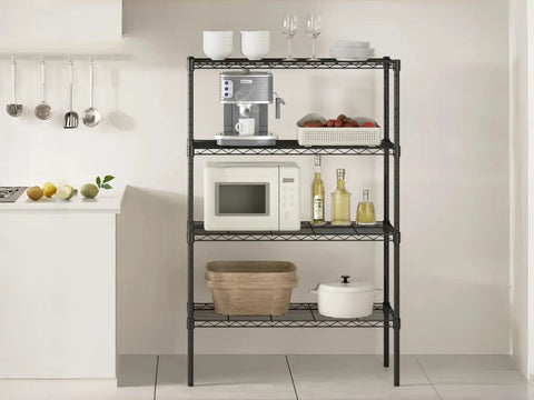 Professional Grade Badass Workhorse Four Tier Metal Wire Shelving Rack with kitchen appliances and storage baskets.
