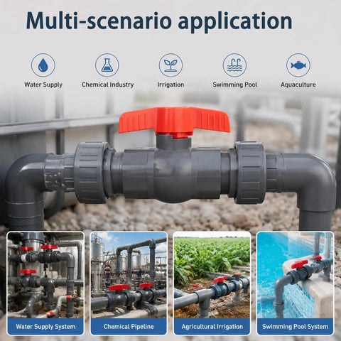 Rock Solid 1 Inch Sch80 Pvc Ball Valve 4 Pack positioned for irrigation, swimming pool, and water supply applications.