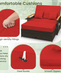 Patio Rattan Daybed With Four Level Adjustable Backrest And Handy Storage Ottoman in red showing cushion features