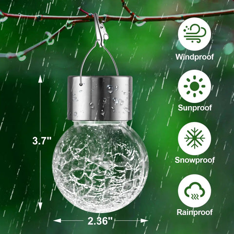 3.7-inch solar cracked glass globe light in rain, 12 Pack Hanging Solar Cracked Glass Globe Lights Outdoor Waterproof Lanterns